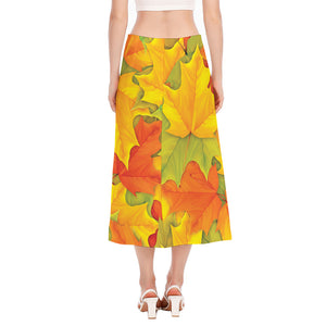 Fall Autumn Maple Leaves Print Side Slit Midi Skirt