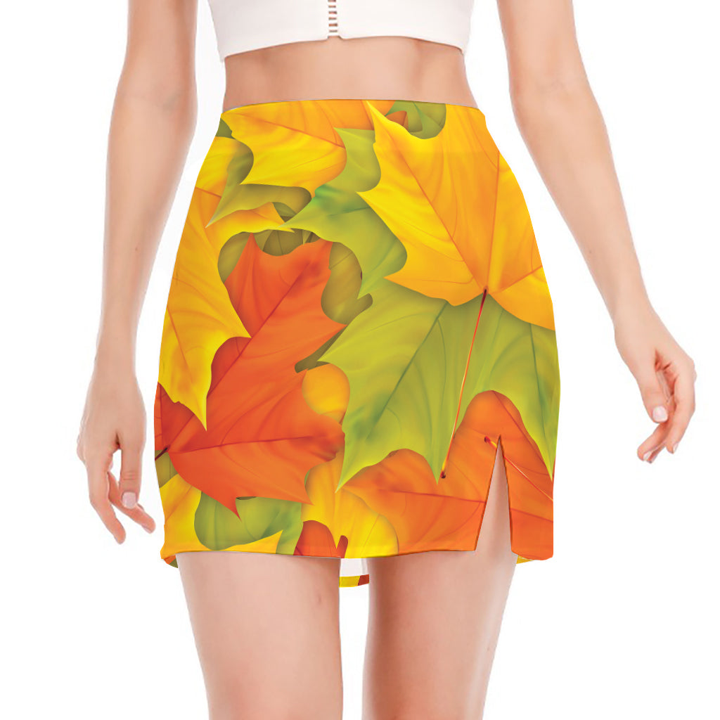 Fall Autumn Maple Leaves Print Side Slit Mini Skirt