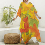 Fall Autumn Maple Leaves Print Silk V-Neck Kaftan Dress