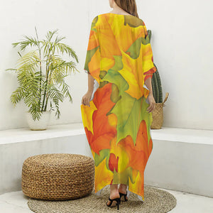 Fall Autumn Maple Leaves Print Silk V-Neck Kaftan Dress