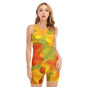 Fall Autumn Maple Leaves Print Sleeveless One Piece Swimsuit