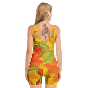 Fall Autumn Maple Leaves Print Sleeveless One Piece Swimsuit