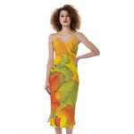 Fall Autumn Maple Leaves Print Slim Fit Midi Cami Dress