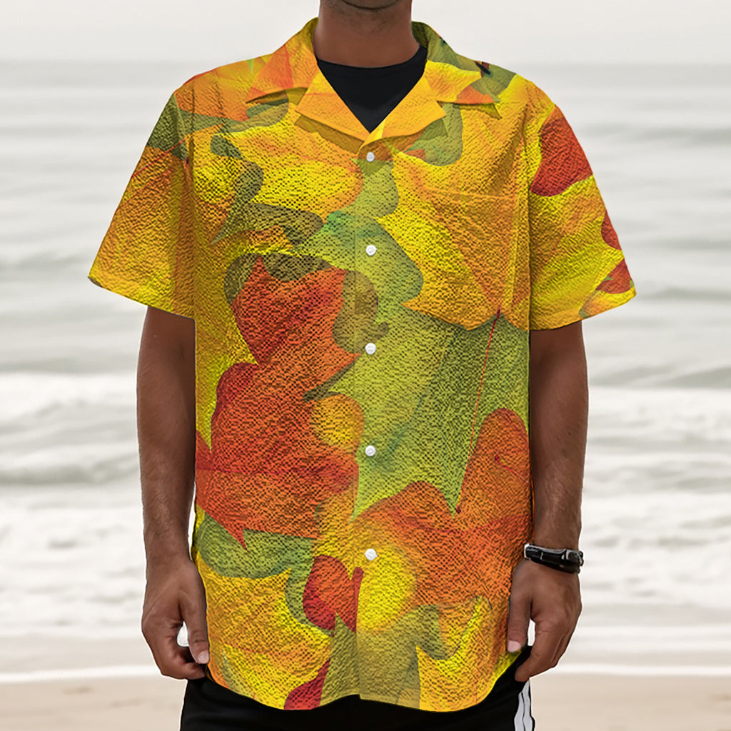 Fall Autumn Maple Leaves Print Textured Short Sleeve Shirt