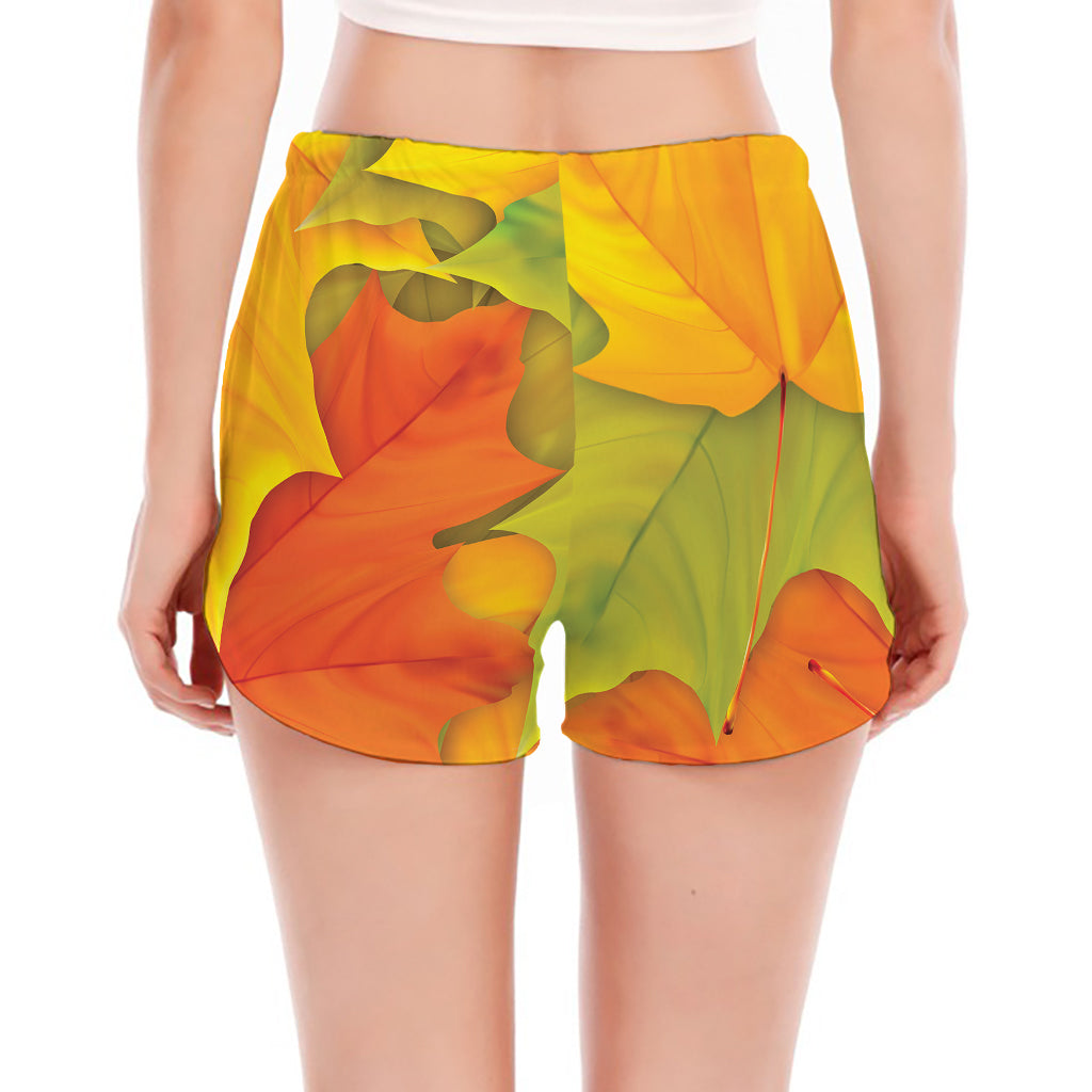 Fall Autumn Maple Leaves Print Women's Split Running Shorts