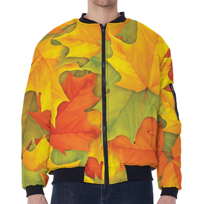 Fall Autumn Maple Leaves Print Zip Sleeve Bomber Jacket