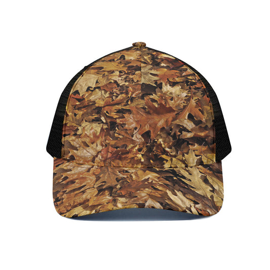 Fall Leaves Hunting Camouflage Print Black Mesh Trucker Cap