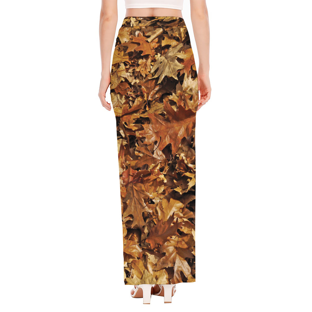 Fall Leaves Hunting Camouflage Print High Slit Maxi Skirt