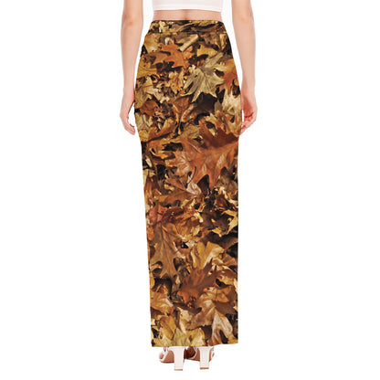 Fall Leaves Hunting Camouflage Print High Slit Maxi Skirt
