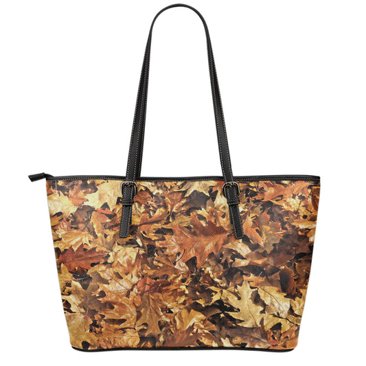 Fall Leaves Hunting Camouflage Print Leather Tote Bag