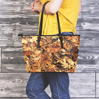 Fall Leaves Hunting Camouflage Print Leather Tote Bag