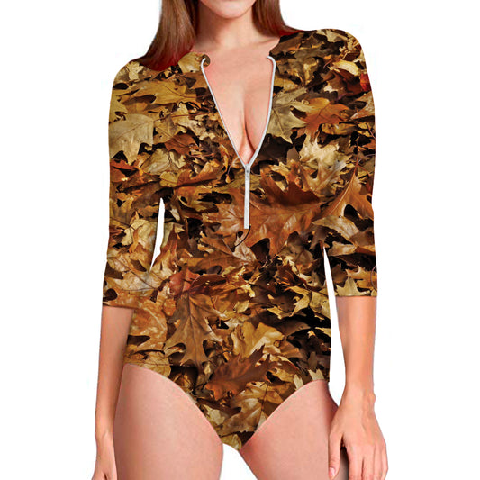 Fall Leaves Hunting Camouflage Print Long Sleeve Swimsuit