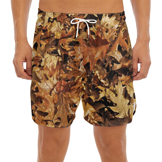 Fall Leaves Hunting Camouflage Print Men's Split Running Shorts