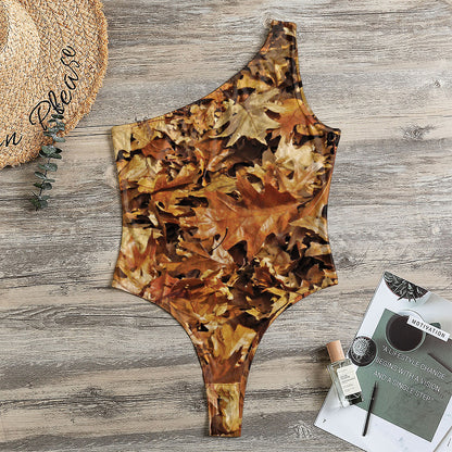 Fall Leaves Hunting Camouflage Print One Shoulder Bodysuit