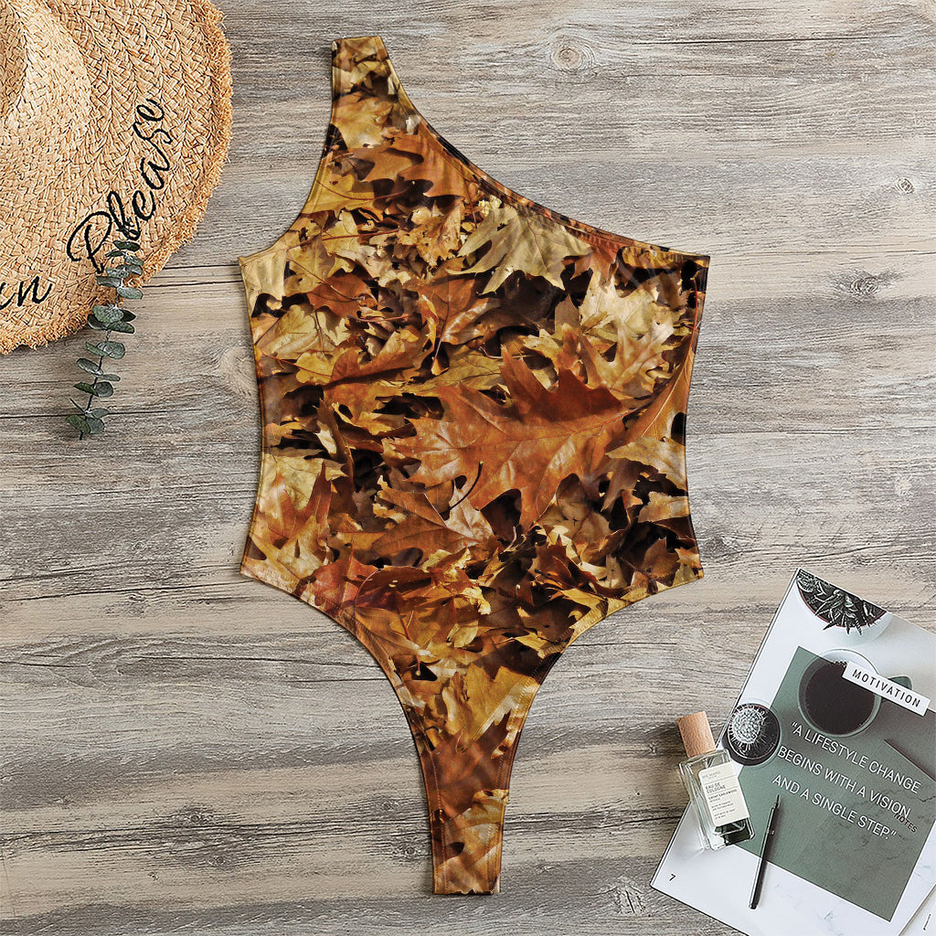 Fall Leaves Hunting Camouflage Print One Shoulder Bodysuit