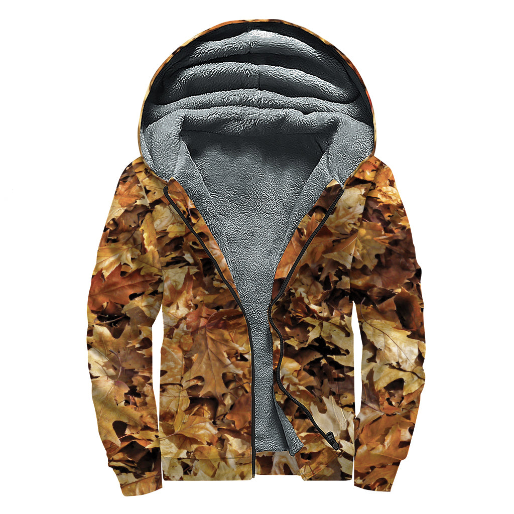Fall Leaves Hunting Camouflage Print Sherpa Lined Zip Up Hoodie