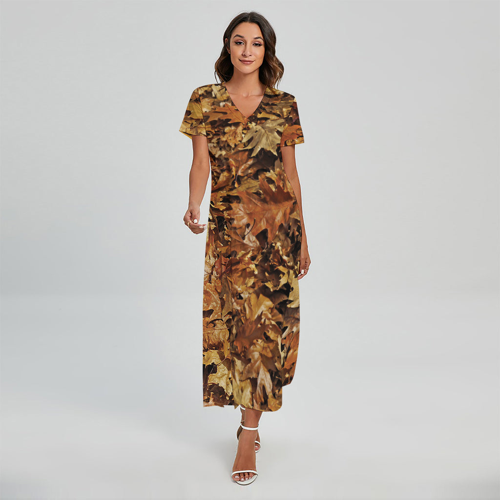 Fall Leaves Hunting Camouflage Print Short Sleeve Maxi Dress