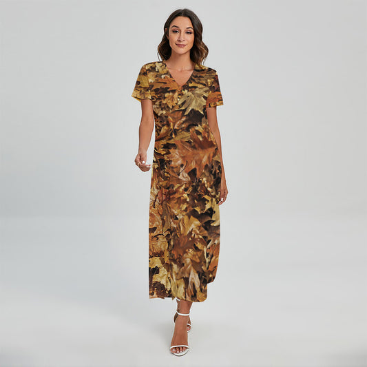 Fall Leaves Hunting Camouflage Print Short Sleeve Maxi Dress