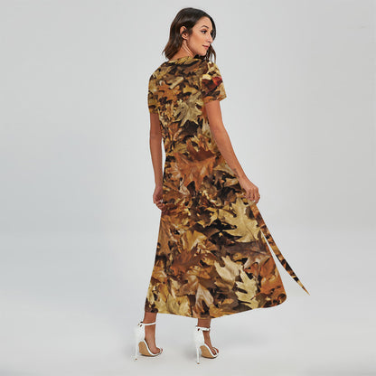 Fall Leaves Hunting Camouflage Print Short Sleeve Maxi Dress