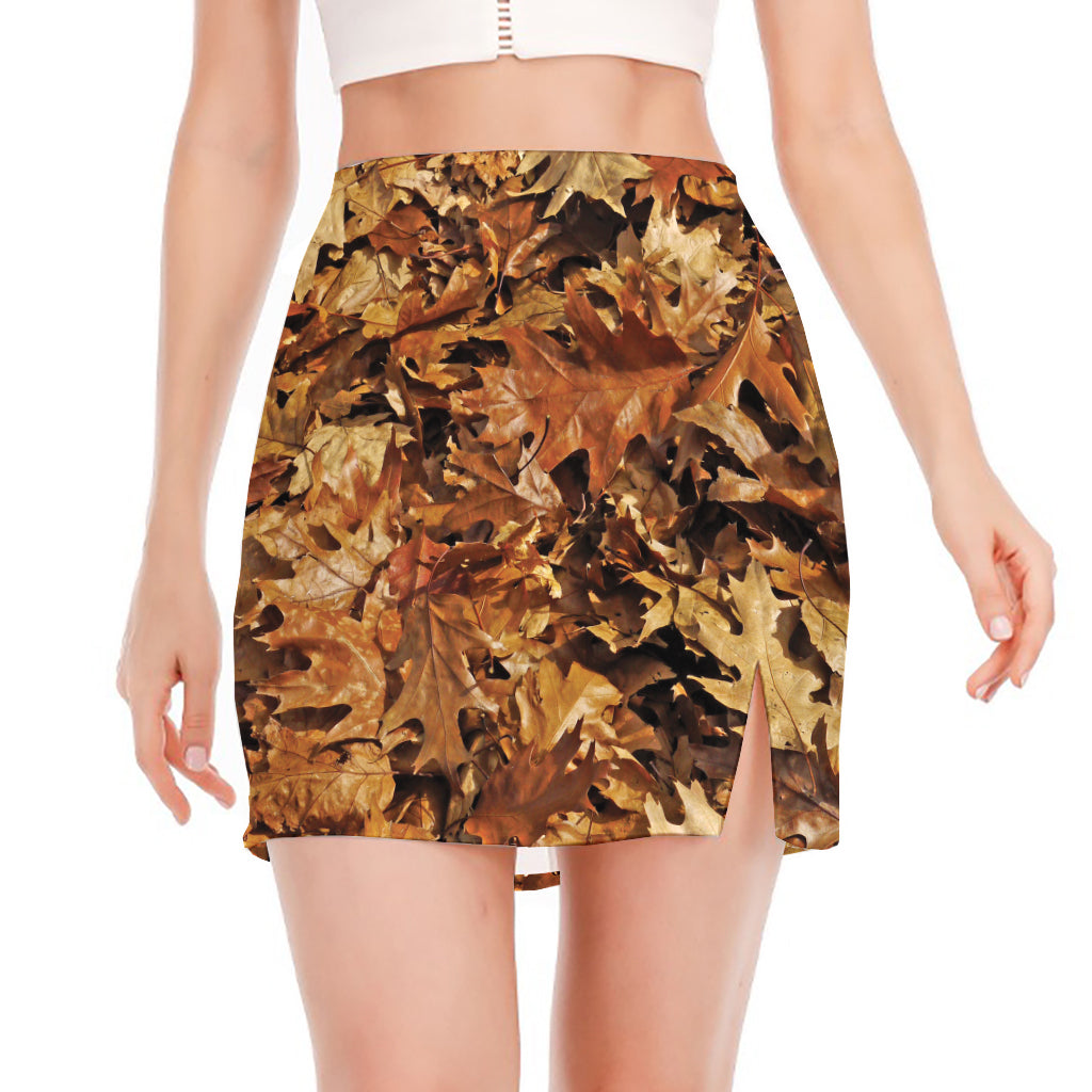 Fall Leaves Hunting Camouflage Print Side Slit Mini Skirt
