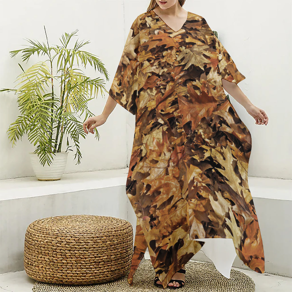 Fall Leaves Hunting Camouflage Print Silk V-Neck Kaftan Dress