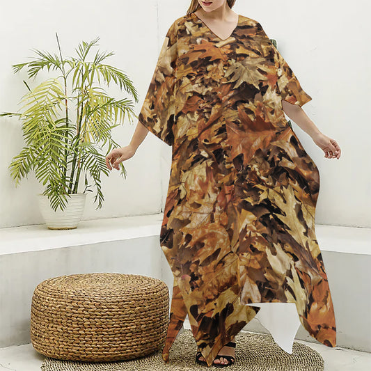 Fall Leaves Hunting Camouflage Print Silk V-Neck Kaftan Dress