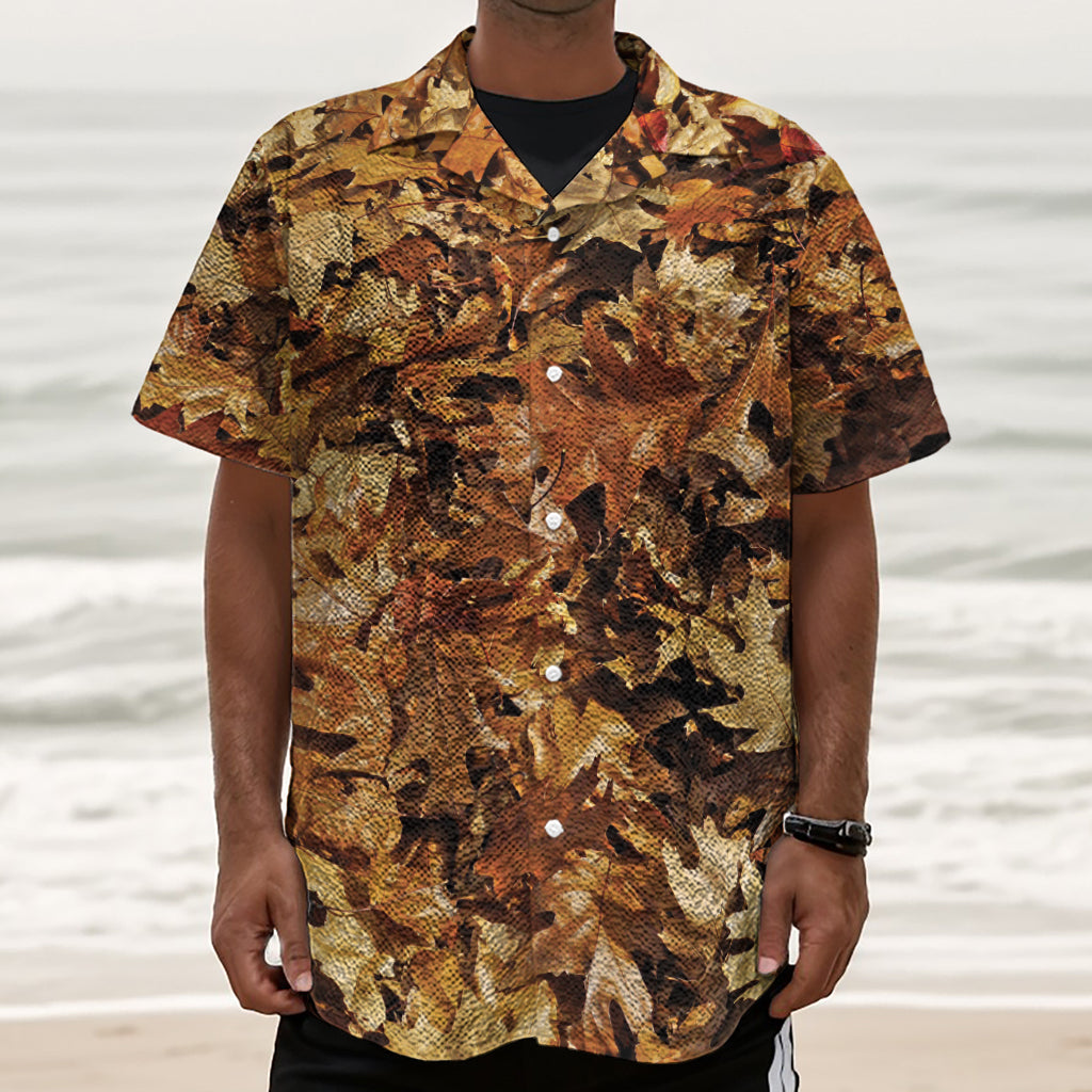Fall Leaves Hunting Camouflage Print Textured Short Sleeve Shirt
