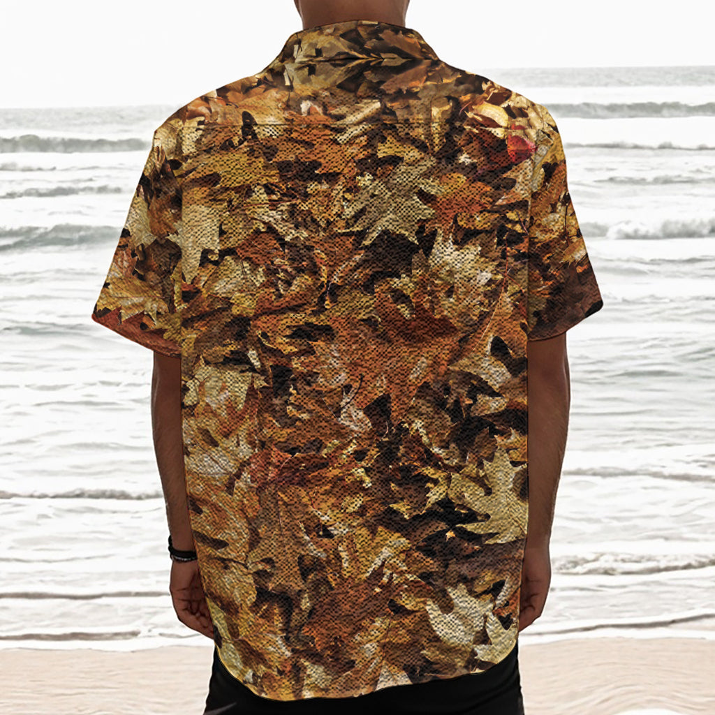 Fall Leaves Hunting Camouflage Print Textured Short Sleeve Shirt