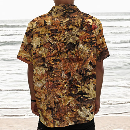 Fall Leaves Hunting Camouflage Print Textured Short Sleeve Shirt