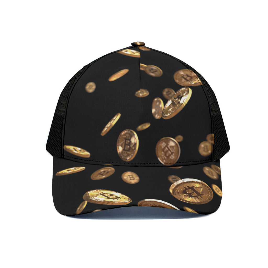 Falling Bitcoin Print Black Mesh Trucker Cap