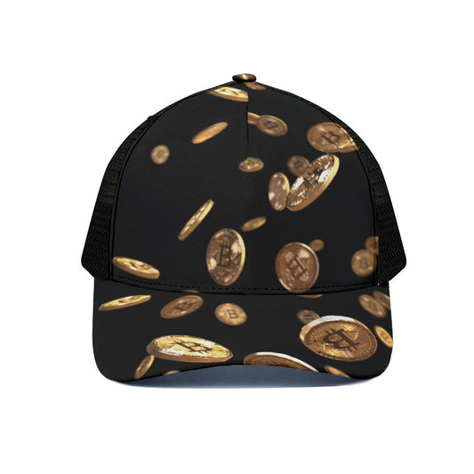 Falling Bitcoin Print Black Mesh Trucker Cap