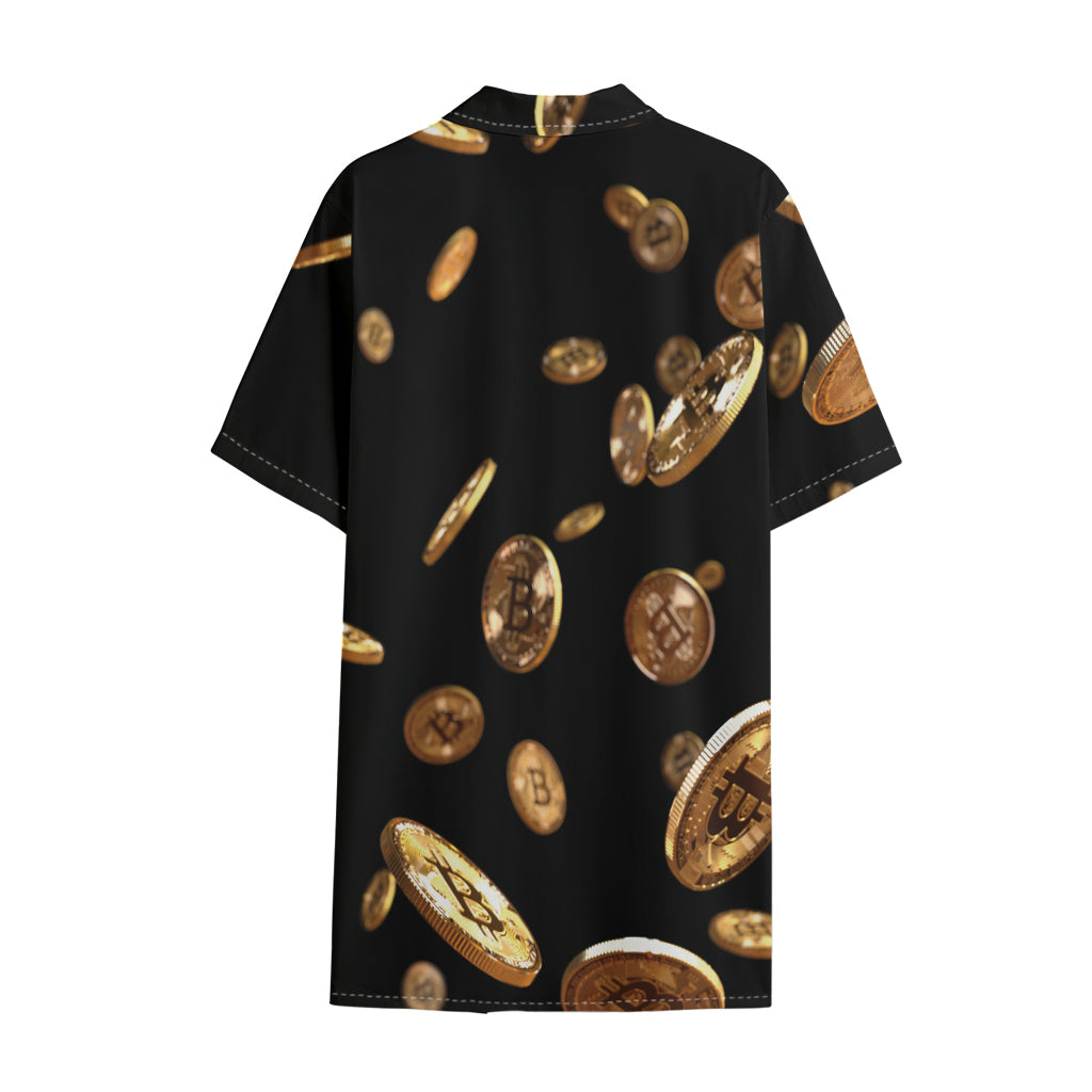 Falling Bitcoin Print Cotton Hawaiian Shirt