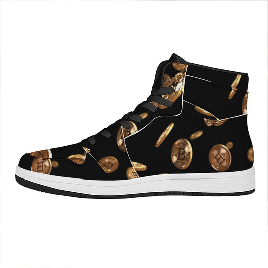 Falling Bitcoin Print High Top Leather Sneakers