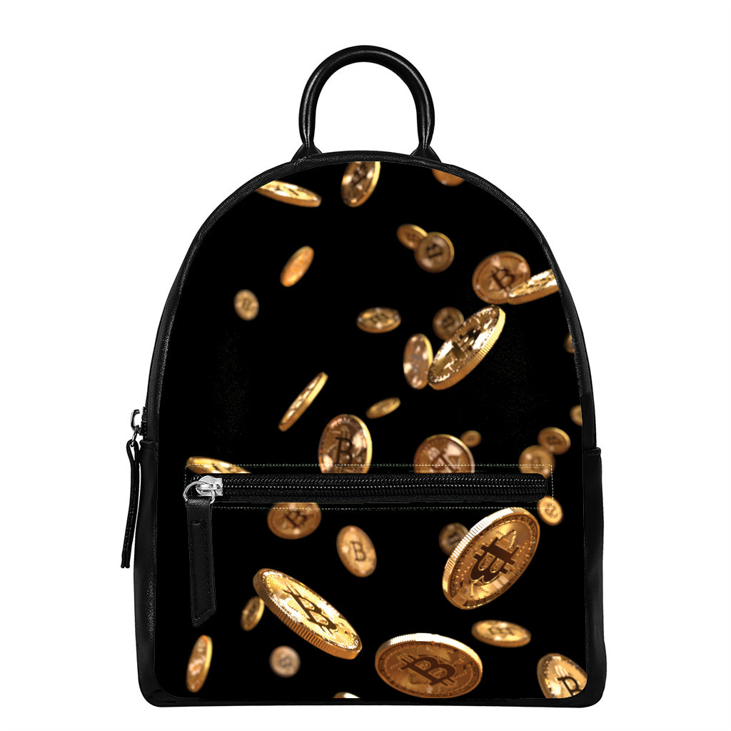 Falling Bitcoin Print Leather Backpack