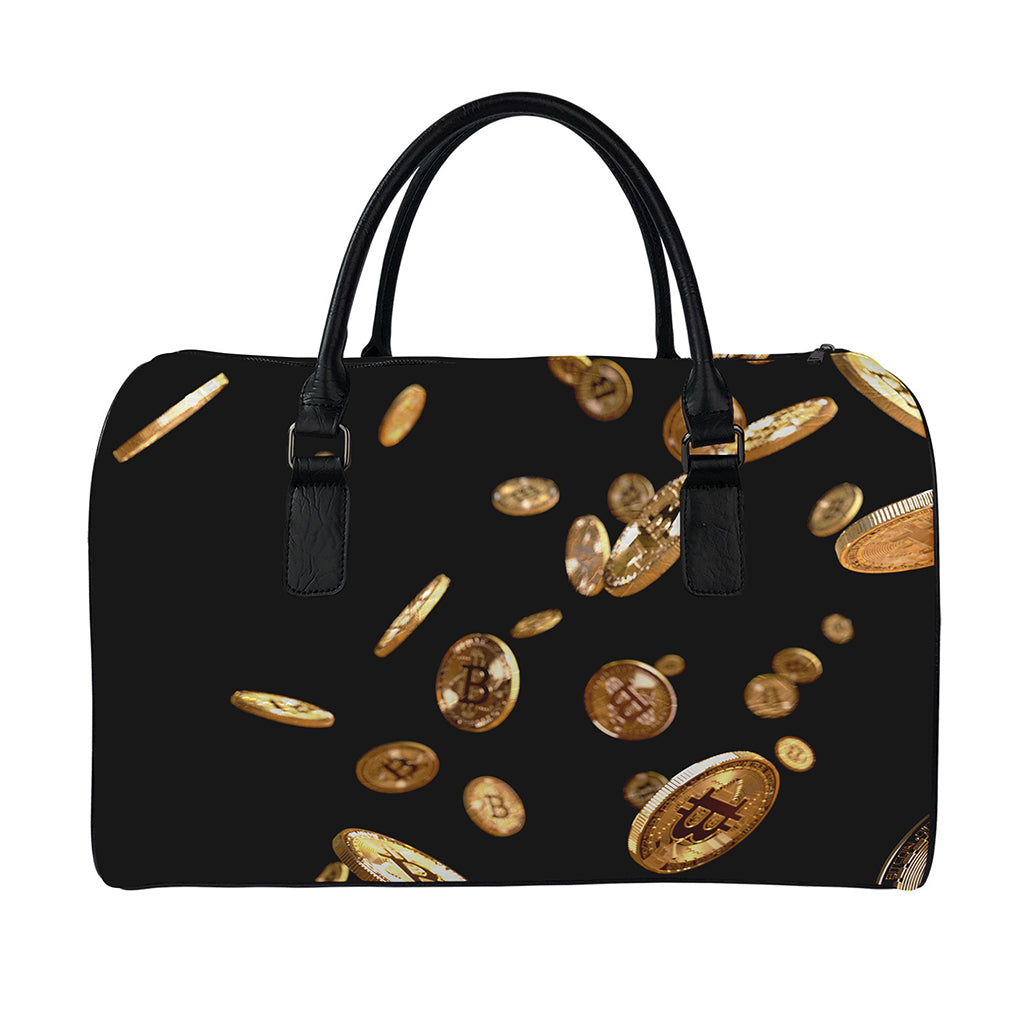 Falling Bitcoin Print Leather Duffle Bag
