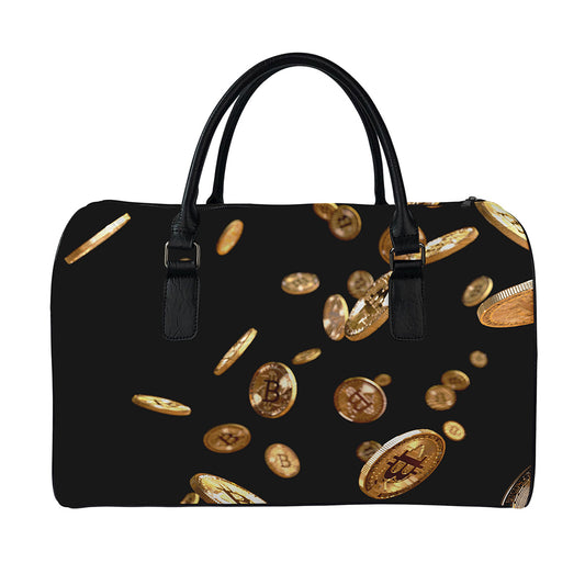 Falling Bitcoin Print Leather Duffle Bag