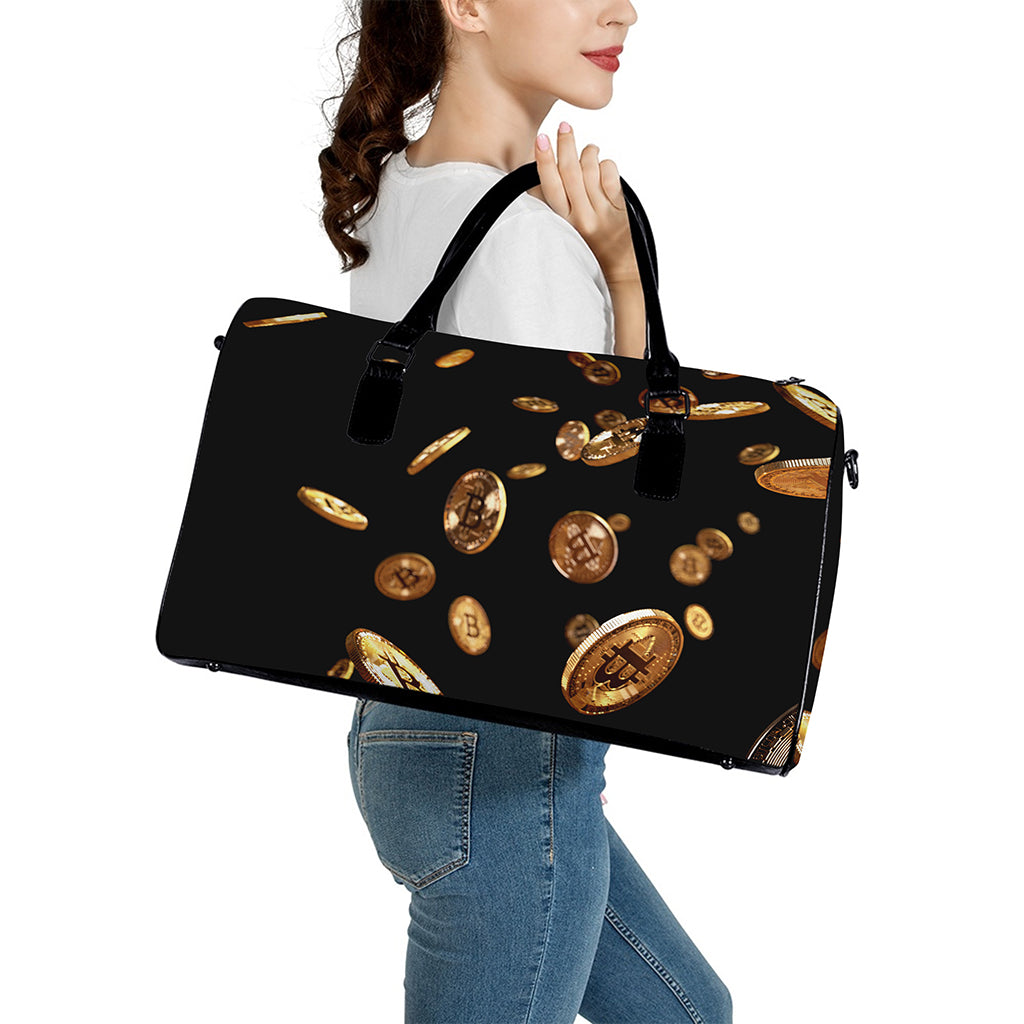 Falling Bitcoin Print Leather Duffle Bag