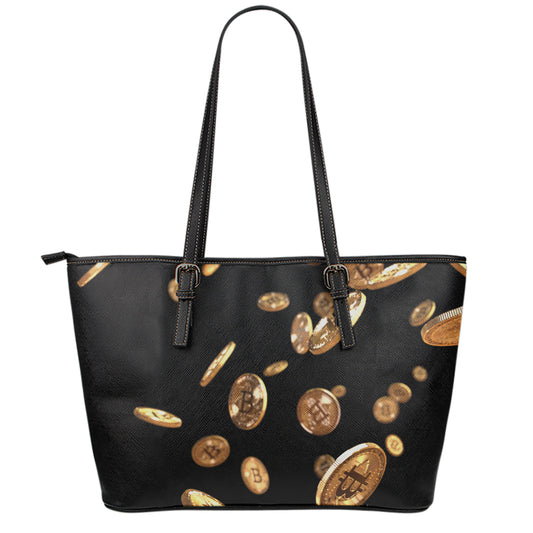 Falling Bitcoin Print Leather Tote Bag