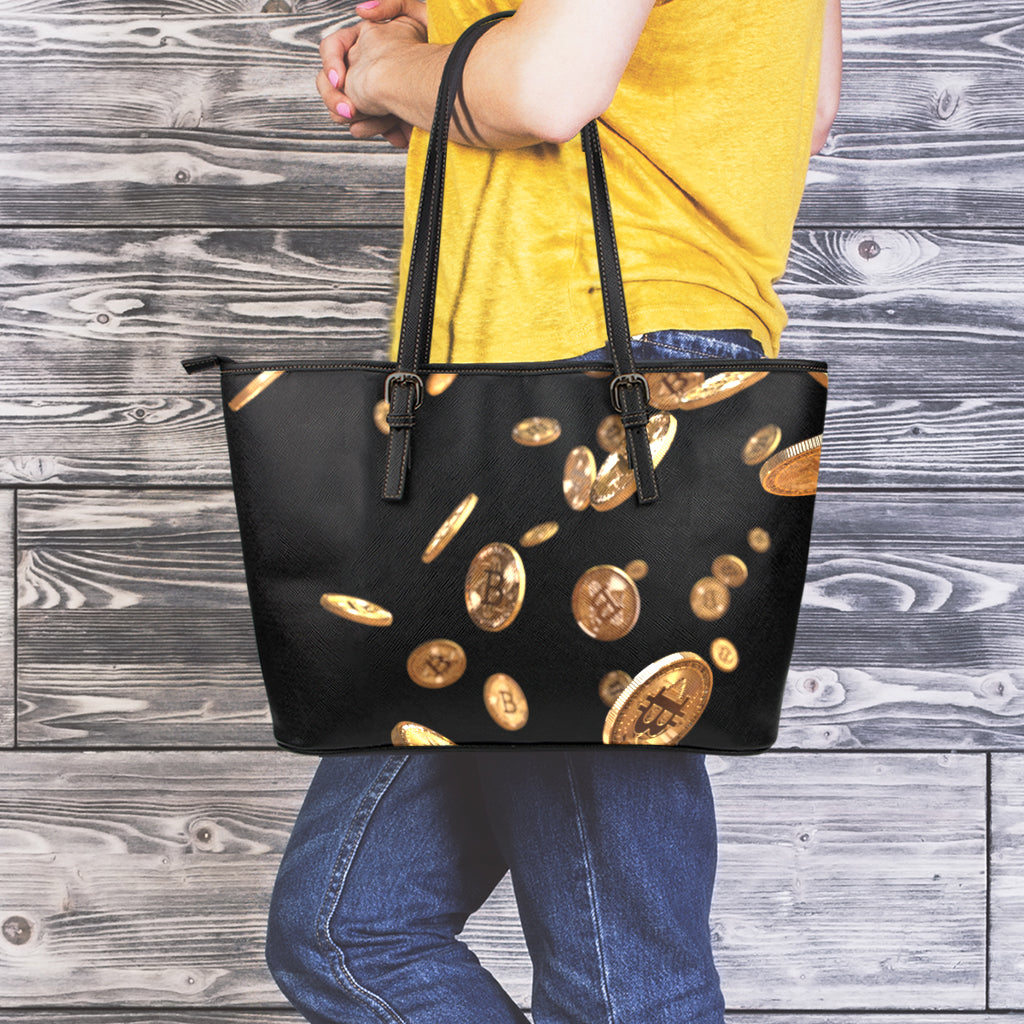 Falling Bitcoin Print Leather Tote Bag