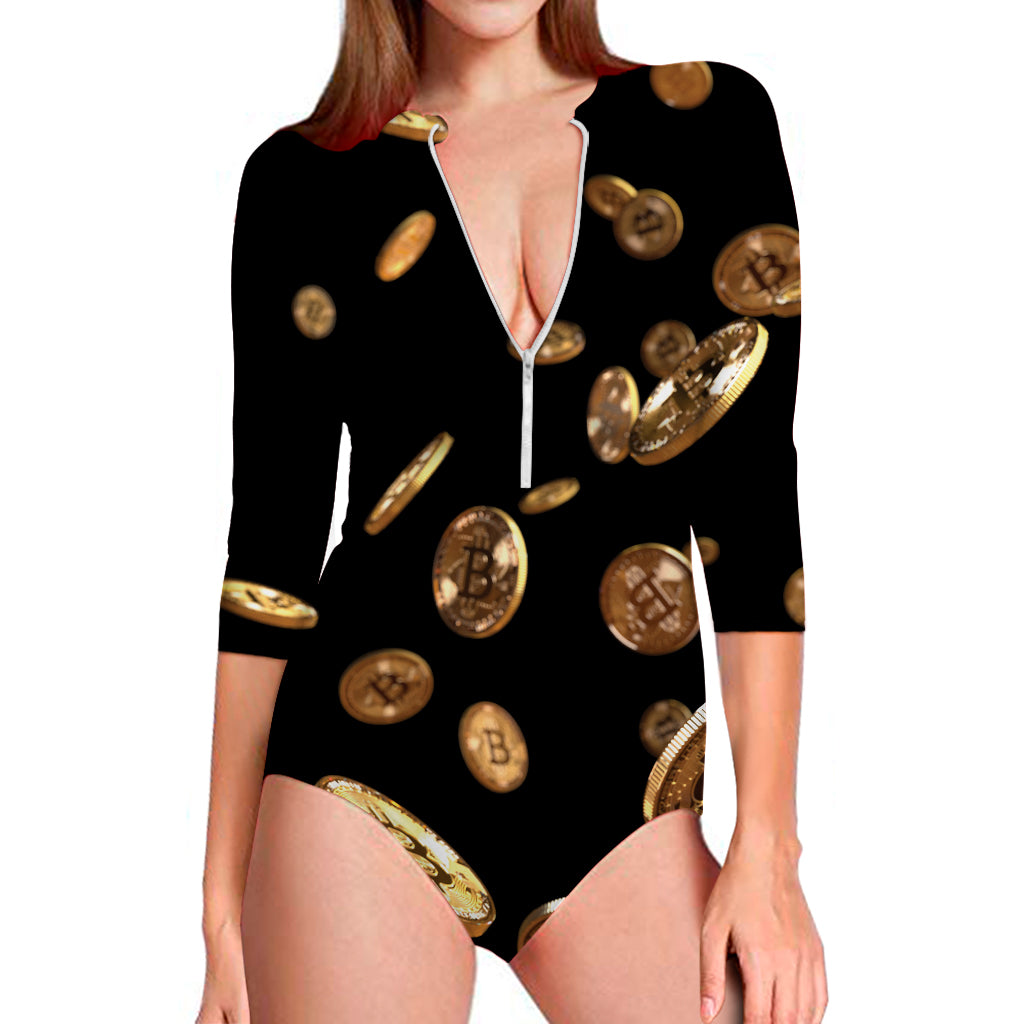 Falling Bitcoin Print Long Sleeve Swimsuit