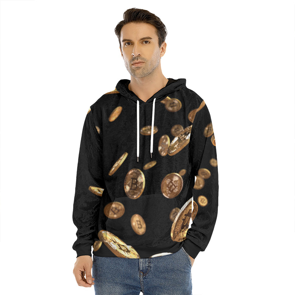 Falling Bitcoin Print Men's Velvet Pullover Hoodie