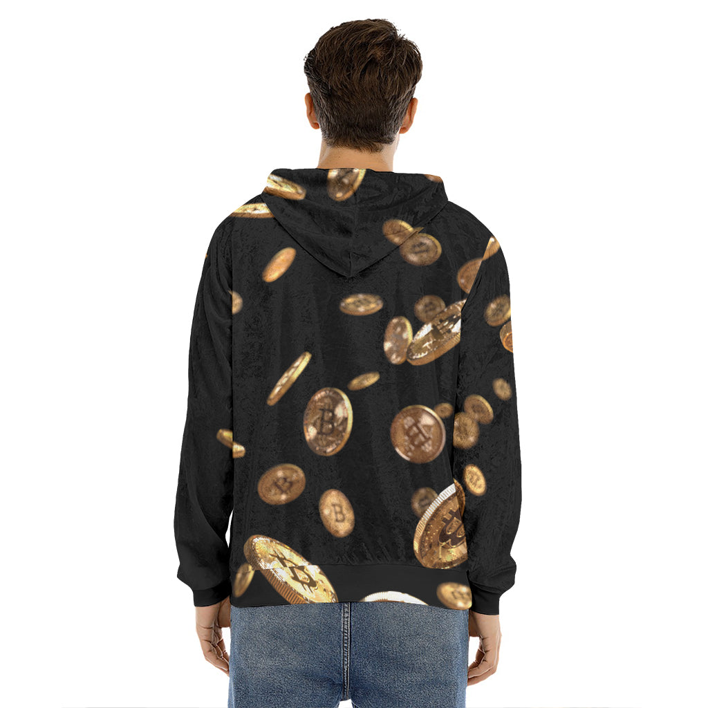 Falling Bitcoin Print Men's Velvet Pullover Hoodie