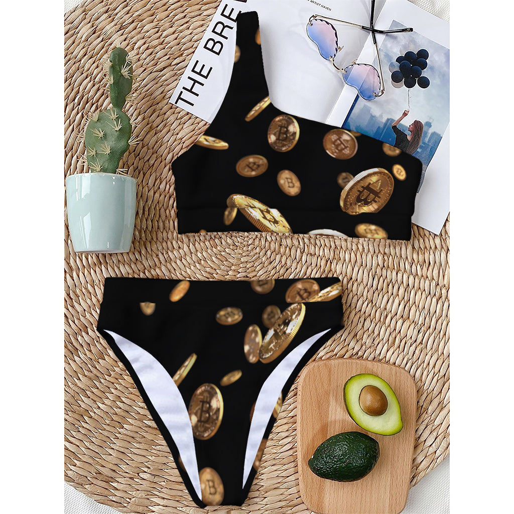 Falling Bitcoin Print One Shoulder Bikini Top