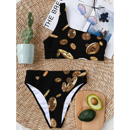 Falling Bitcoin Print One Shoulder Bikini Top
