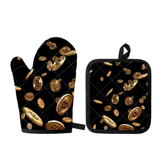 Falling Bitcoin Print Oven Mitt And Pot Holder Set