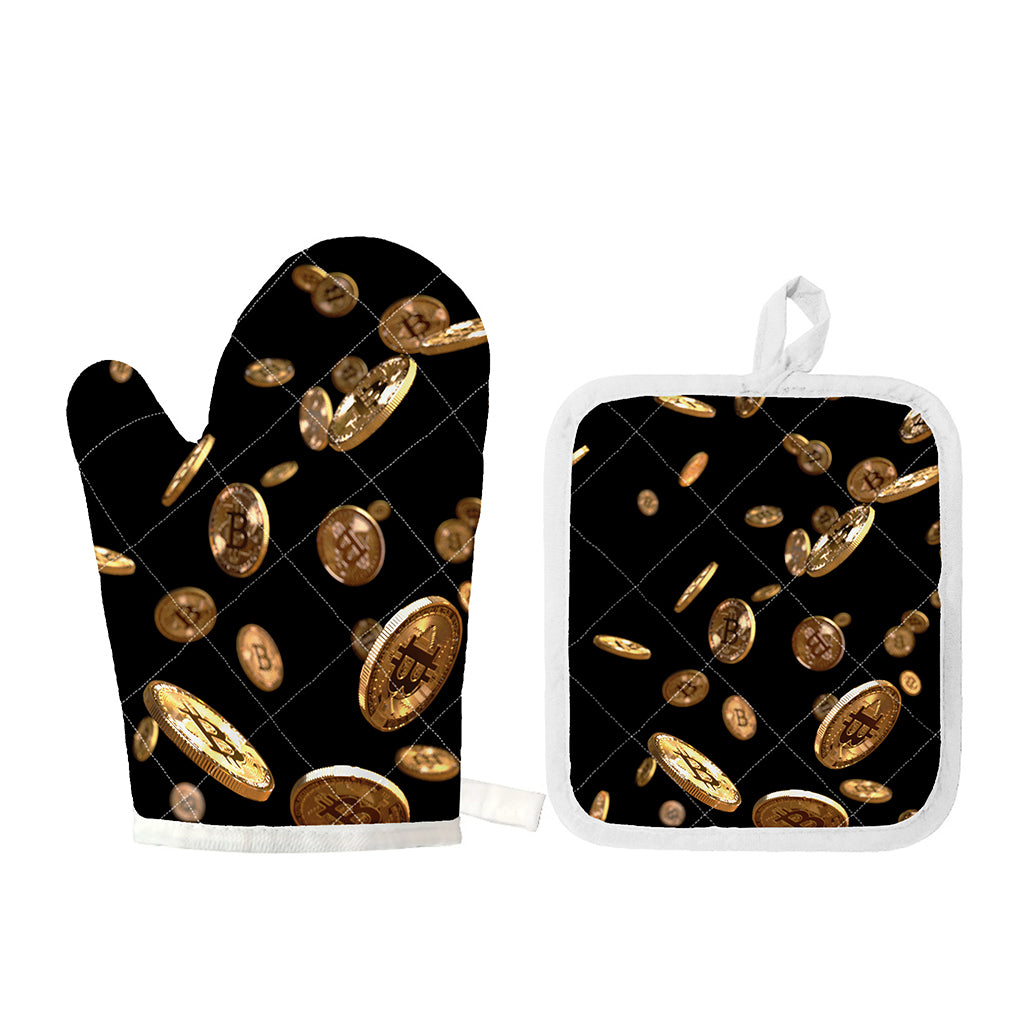 Falling Bitcoin Print Oven Mitt And Pot Holder Set