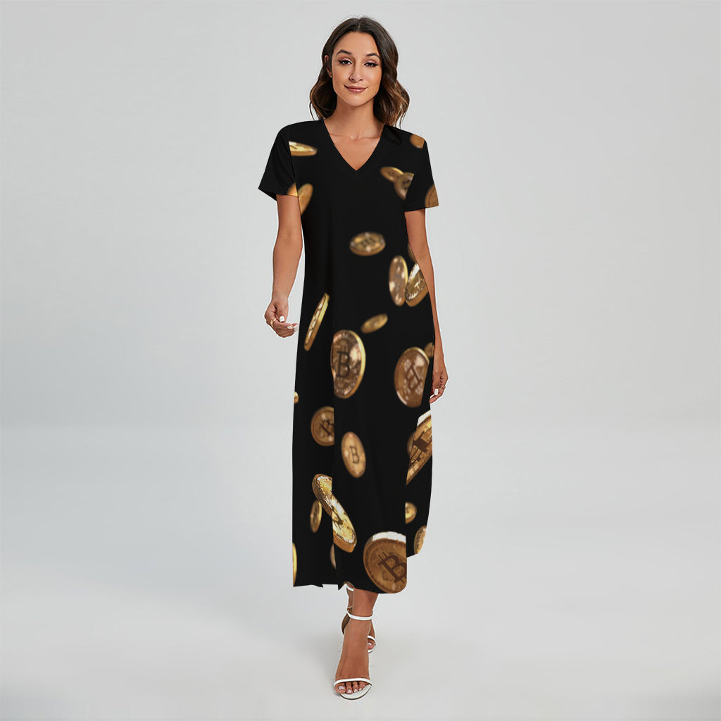 Falling Bitcoin Print Short Sleeve Maxi Dress