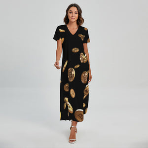 Falling Bitcoin Print Short Sleeve Maxi Dress