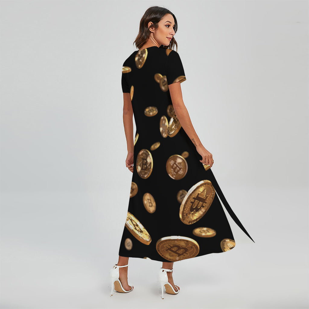 Falling Bitcoin Print Short Sleeve Maxi Dress