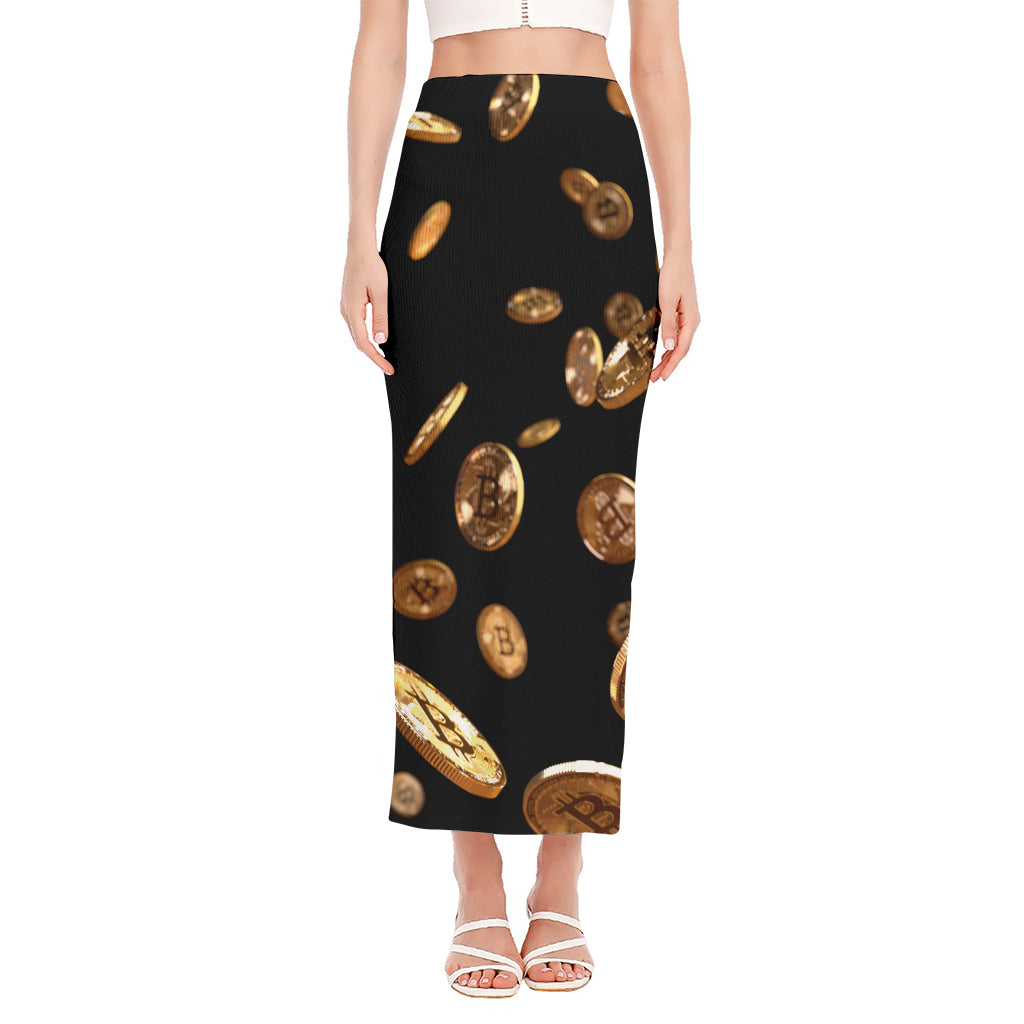 Falling Bitcoin Print Side Slit Maxi Skirt